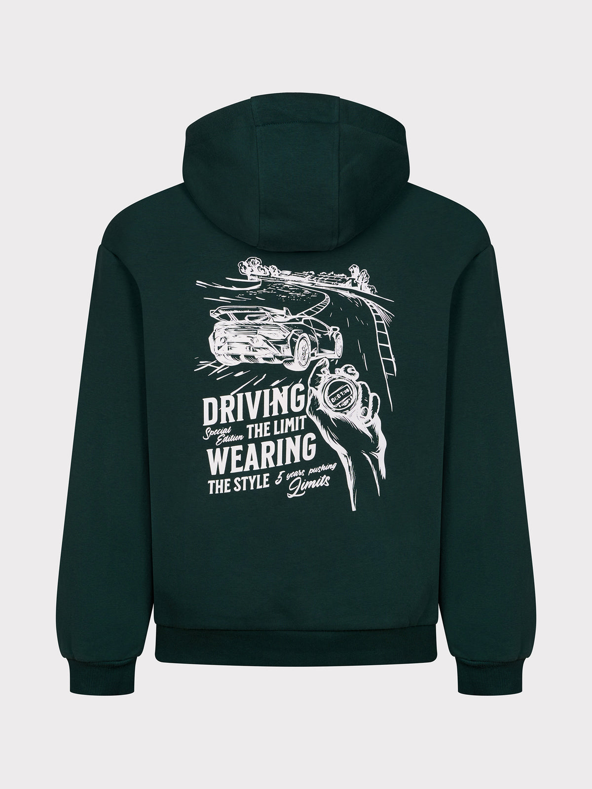 Driving the Limit Hoodie in Dunkelgrün mit weißen Siebdruck auf dem Rücken