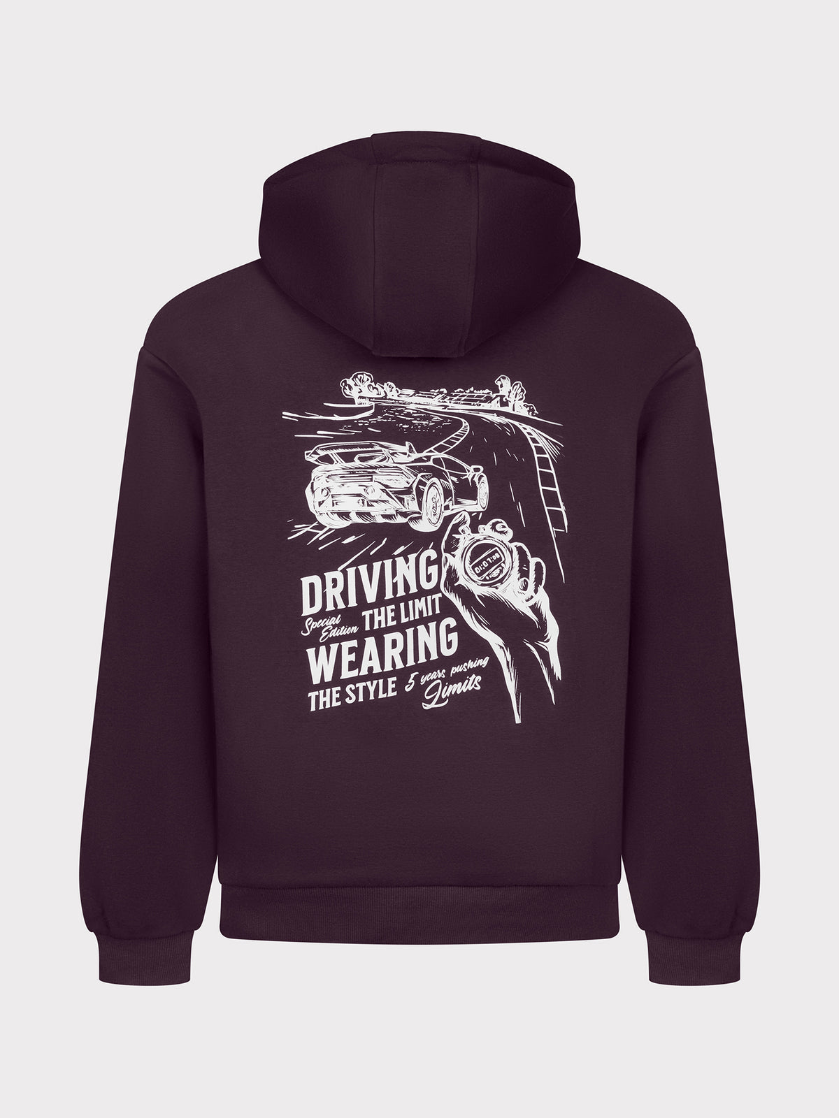 Driving the Limit Hoodie in Plum mit weißem Siebdruck auf dem Rücken