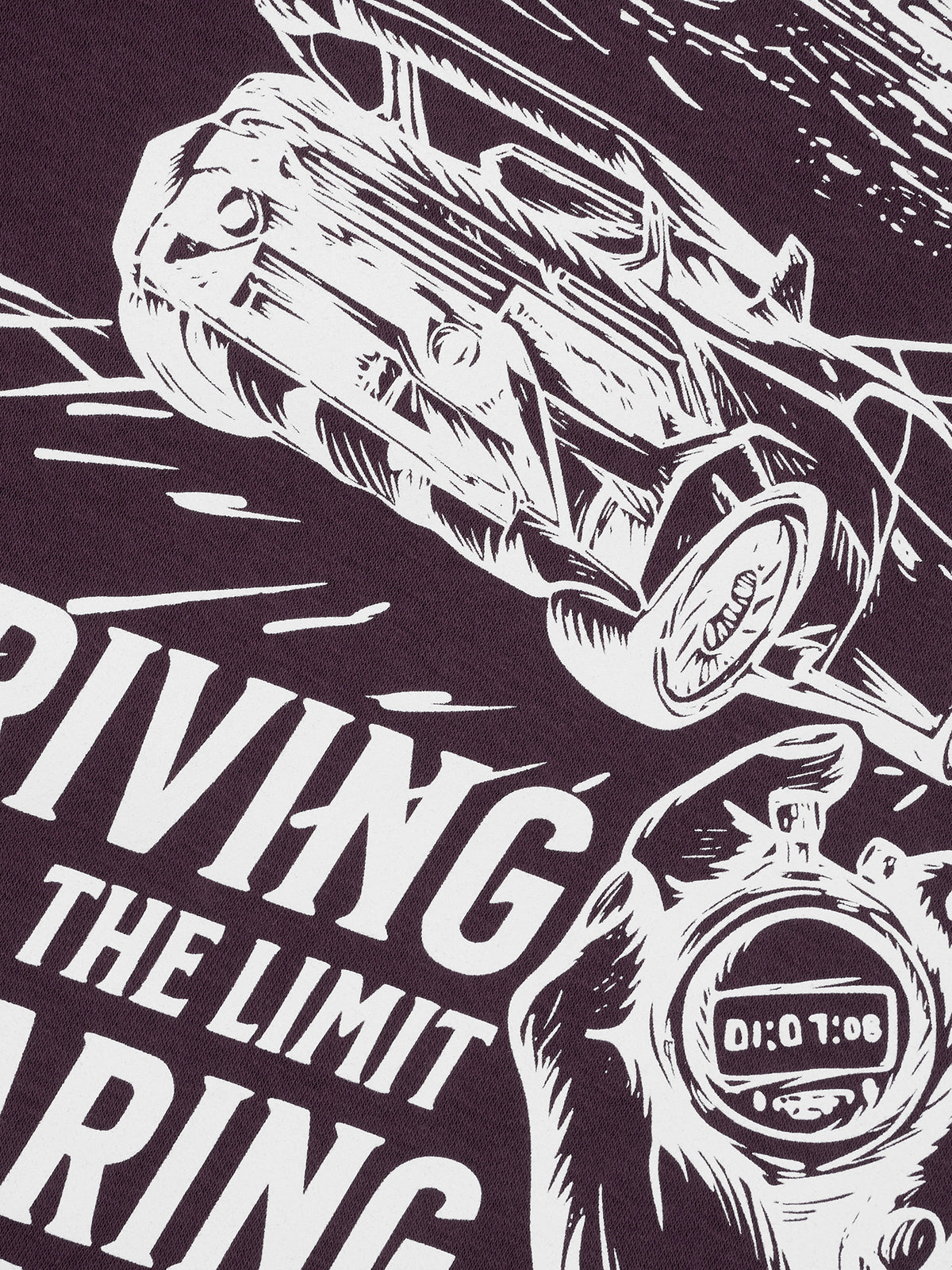 Detailaufnahme des weißen Siebdrucks auf dem Driving the Limit Hoodie in Plum