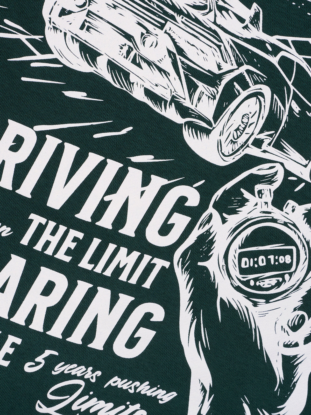 Detailaufnahme des weißen Siebdrucks auf dem Driving the Limit Hoodie in Dunkelgrün